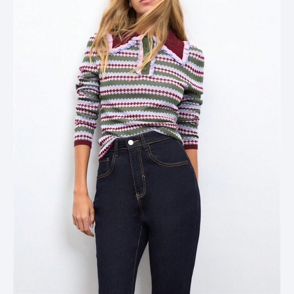 Green / Red Striped Ruffle Collar Knit Polo Sweater with Button Placket